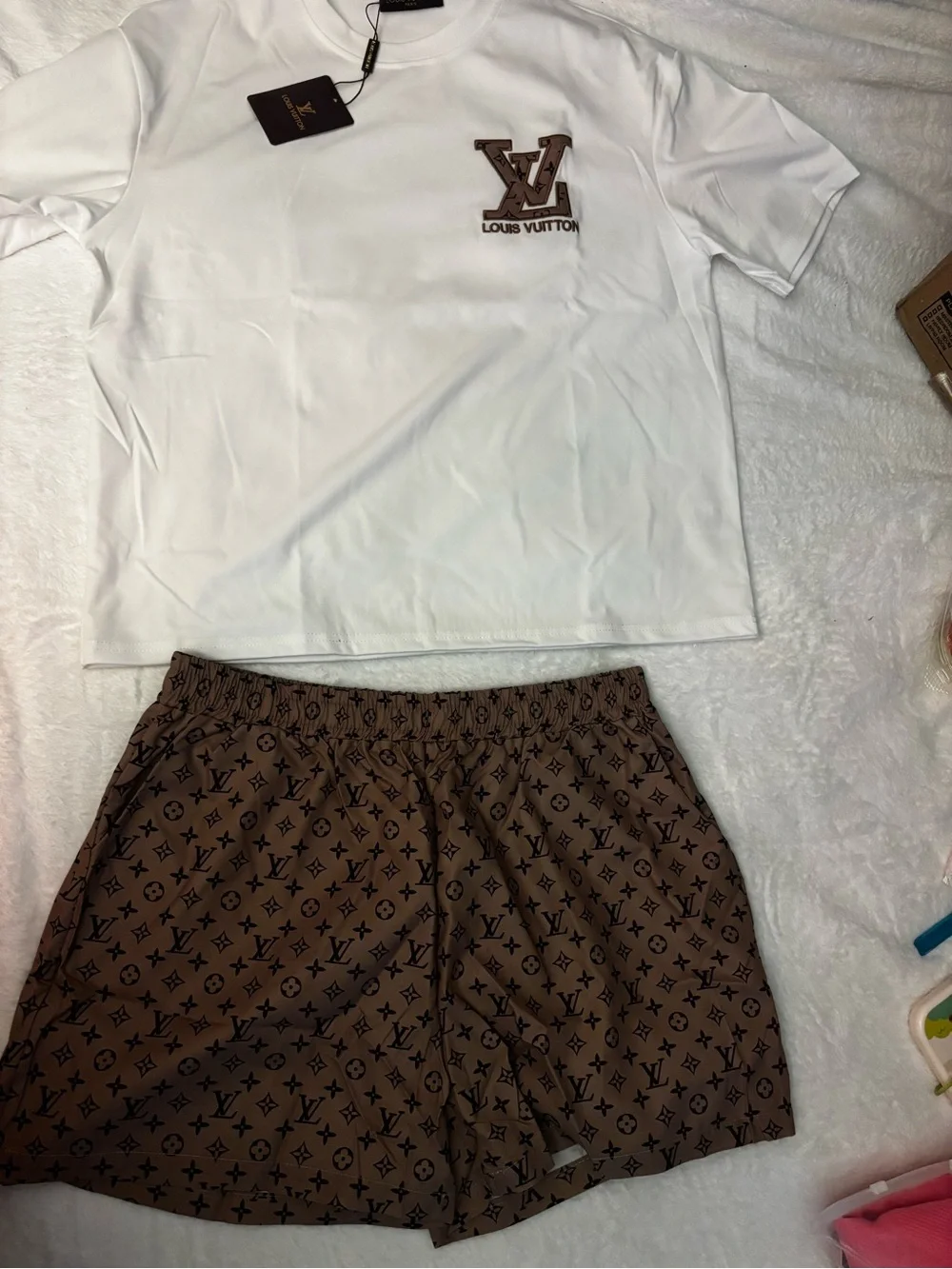 Brand New 2 piece  set Brown Monogram Elastic-Waist Bermudas Shorts